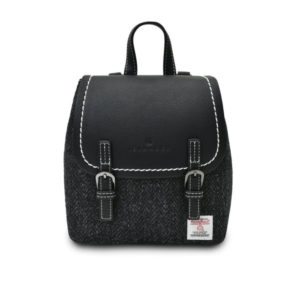 Black and Gray Islander of Scotland Mini Jura Backpack Black Herringbone Tartan